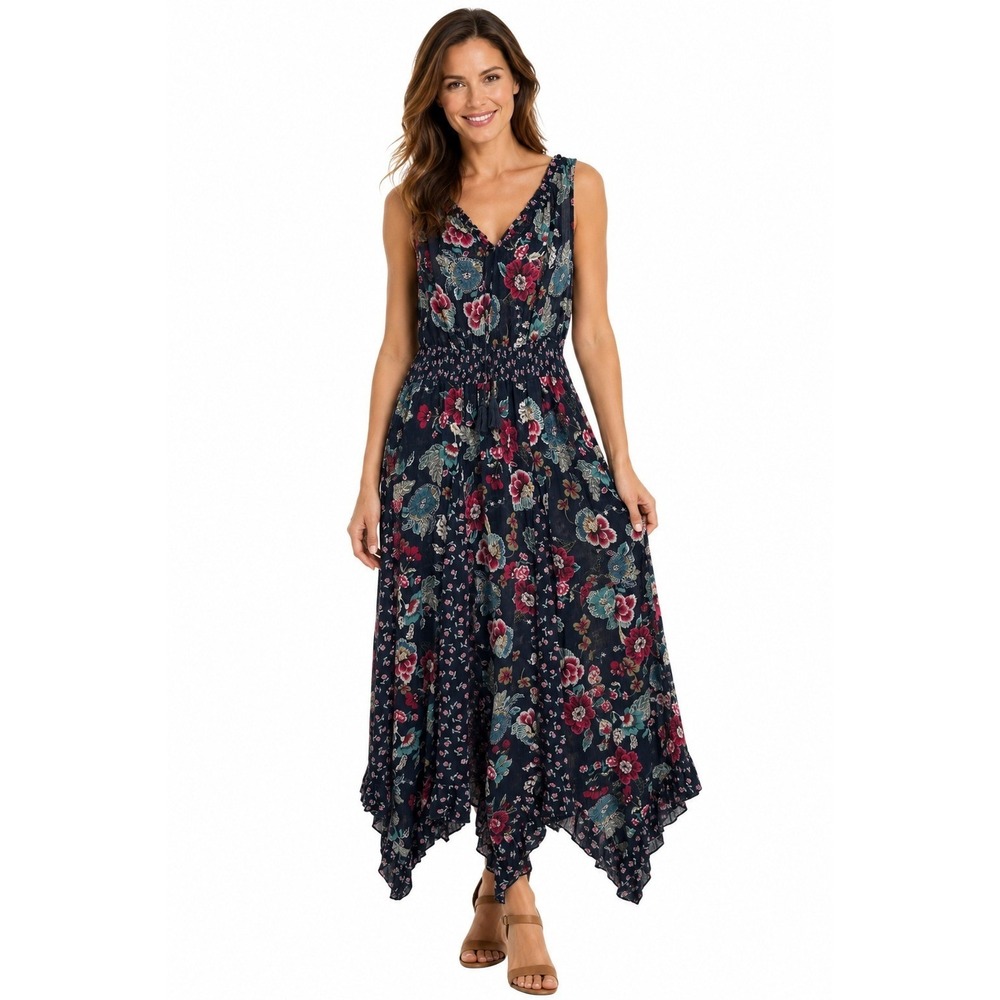 Bila Floral Maxi Dress Navy Blue Smocked Waist Handkerchief Hem Size Medium